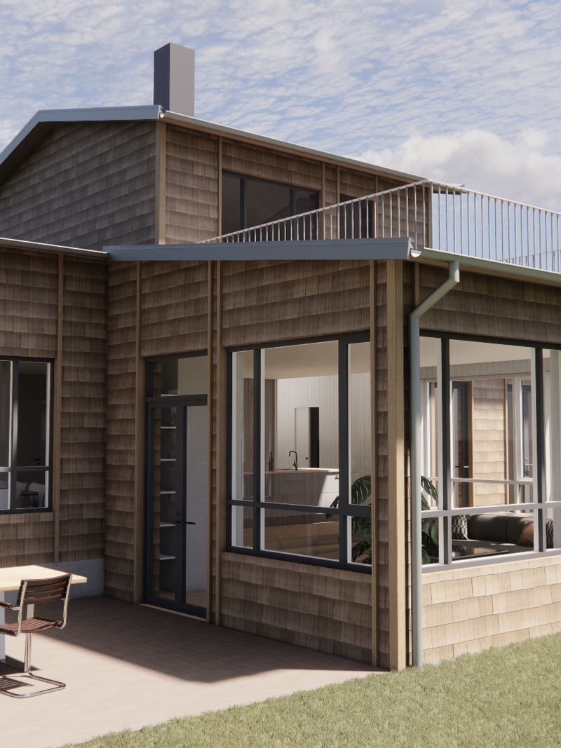 Fritidshus Arild — vertikala cederpaneler och entréparti